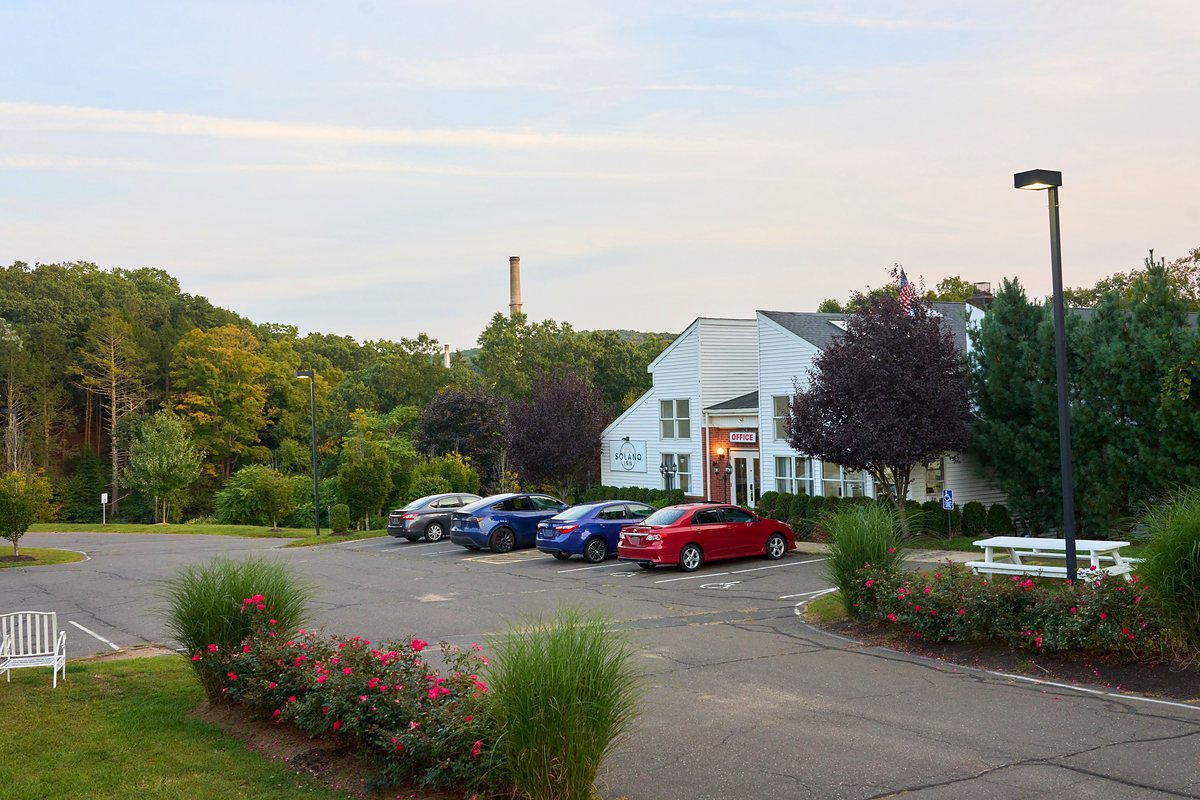 A wide view across the property: open lawn, rose beds and ornamental grasses in front of the parking area, the white buildings to the right and a wooded hillside rising behind.